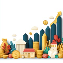 Inflation progress assets impacting financial stability Colorful financial growth illustration featuring coins, houses, and charts.
