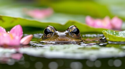 Frog in Water Among Lily Pads and Pink Flowers