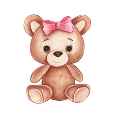 Cute watercolor teddy bear with a pink bow sitting on a white background