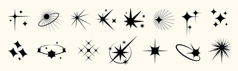 Y2K star icon set with sparkle, glitter, and twinkle effects. Includes abstract bursts, shiny symbols, luxury glint, and minimal silhouettes. Perfect for retro graphic designs.