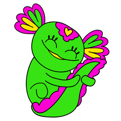 A small green axolotl presses its tail to its cheek lovingly