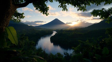 Serene Sunrise over Lush Tropical River and Volcano