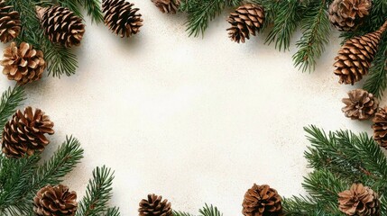 Fototapeta premium Vintage Christmas background featuring fir branches and cones.
