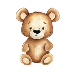 Cute brown teddy bear illustration created with watercolor techniques, showcasing a soft, friendly expression and charming details