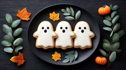 Obraz premium Ghost-shaped sugar cookies with white icing and black candy eyes
