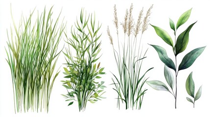 Fototapeta premium Watercolor Illustration of Sedge Reeds in Wetlands