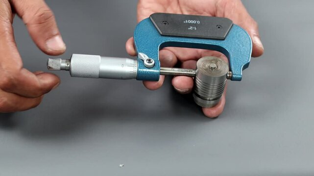 Hand holding analogue micrometer or diff micrometer quality control check roundness spull valve over grey table. use screw gauge calipers analogue. quality control concept.
