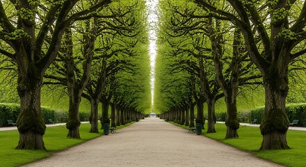 Obraz premium Symmetrical tree lined pathway in park with green foliage and tranquil atmosphere