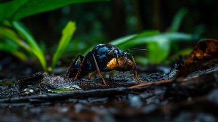 Gigantic Black Ant Carrying Food in Rainforest