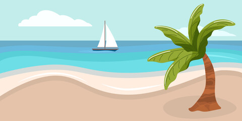 Landscape of relax tropical sandy beach. Calm coast of the sea, ocean. Sunny sea bays. Horizontal natural landscape with palm, yacht and clouds. Flat style landscape. Holiday on paradise island.