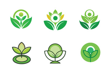 Set of stylized green leaves logo in circle 