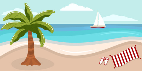 Landscape of relax tropical sandy beach. Calm coast of the sea, ocean. Sunny sea bays. Horizontal natural landscape with palm, yacht, towel and flip flops. Flat style draw. Holiday on paradise island.