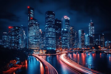 Fototapeta premium Cityscape at night with glowing skyline and light trails reflecting on water. Use this for urban development, finance, or modern technology concepts.