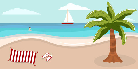 Landscape of relax tropical sandy beach. Calm coast of the sea. Sunny sea bays. Horizontal natural landscape with palm, yacht, man, towel and flip flops. Flat style draw. Holiday on paradise island.