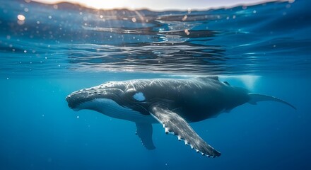 Naklejka premium Whale swimming gracefully underwater in the ocean, sunlight filtering through