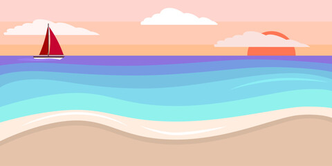 Landscape of relax tropical sandy beach. Calm coast of the sea, ocean. Sunset sea bays. Horizontal natural landscape with red yacht, sun and clouds. Flat style landscape. Holiday on paradise island.