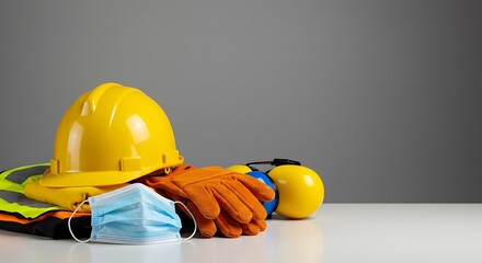 Construction safety gear with a yellow hardhat, orange gloves, and a blue surgical mask