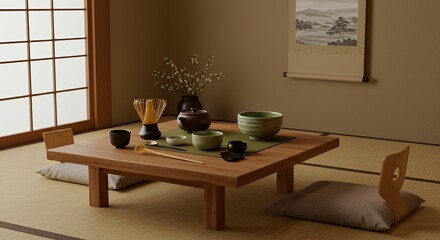 Tea ceremony items on low table with tatami mats