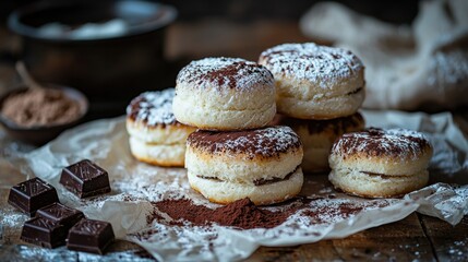 Stacked, powdered pastries