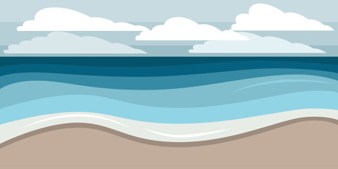 Horizontal seascape with big waves, cloudy sky, clouds. Stormy sea. Storm in the ocean. White foam on the waves. Flat illustration style.
