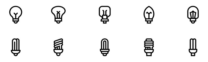 Lightbulb icon set. Light bulb linear icon. Idea and creativity symbol. Electric lamp, electricity, light. Editable stroke. Vector illustration. EPS 10