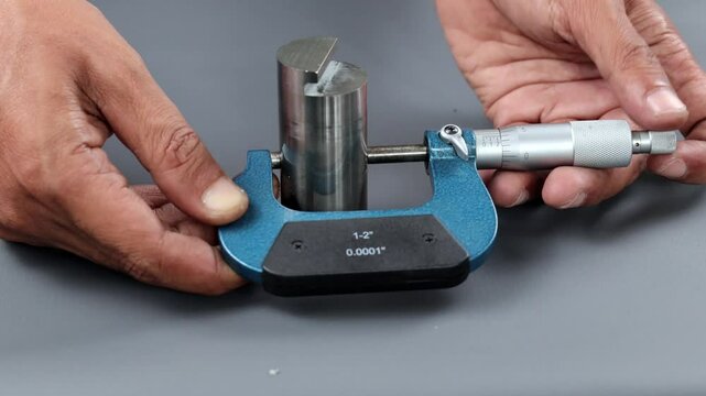 Hand holding analogue micrometer or diff micrometer quality control check roundness spindle planetary over grey table. use screw gauge calipers analogue. quality control concept.

