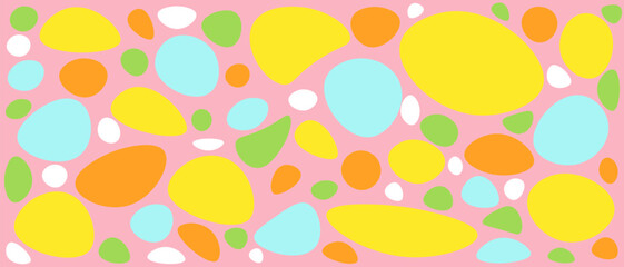 Abstract background with multicolored spots in bright colors. Universal horizontal background with yellow, pink, orange, green and blue colors. Hand drawn printable texture in modern minimalist style.