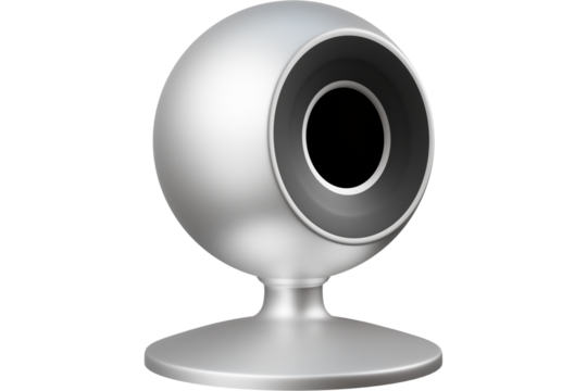 A silver webcam with a spherical body and a circular lens on a black background in studio lighting