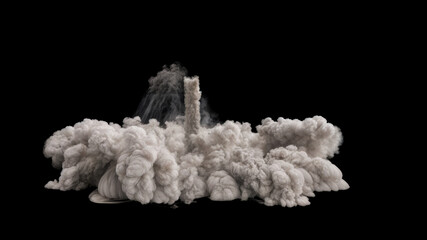 Large billowing plume of smoke rising from a central source with smaller clouds dispersed around it on a black background