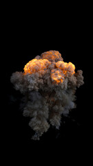 Very Dense Large Aerial Explosion cloud in varying Orange and Grey with Billowing and turbulent Smoke on a black background