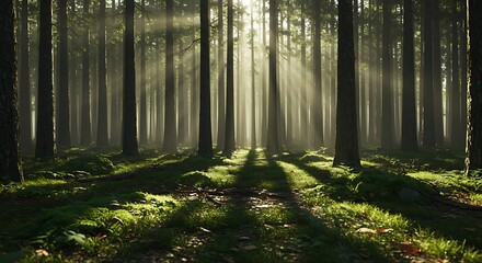 Fototapeta premium Forest of tall trees bathed in bright sunbeams filtering through the green leaves