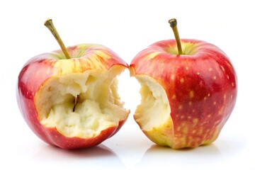 Two Bitten Apples Isolated on White Background, Symbolizing Imperfection and Realism Concept