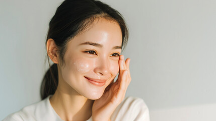 頬にスキンケアクリームを塗る日本人女性、やさしく触れる手元と清潔感のある素肌表現（美容・コスメ・スキンケア・広告）