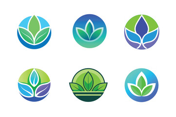 Set of stylized green leaves logo on circle 