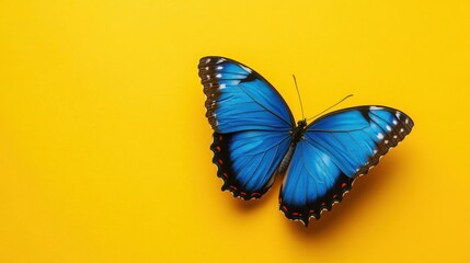 Obraz premium A vibrant blue morpho butterfly on yellow.