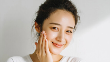 頬にふれる日本人女性の明るい笑顔、素肌感と清潔感が伝わる美容ビジュアル（美容・コスメ・スキンケア・広告）