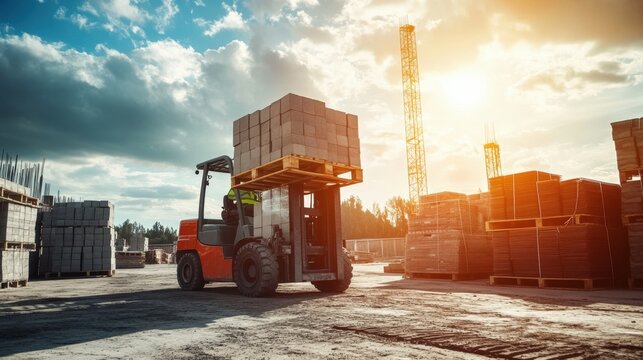 Forklift Carrying Stack of Concrete Blocks at Construction Site in Sunny Weather