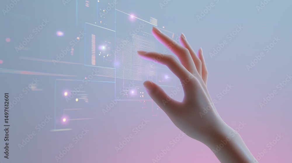 Poster Futuristic human hand interacting with glowing digital interface, concept of artificial intelligence and neural technology