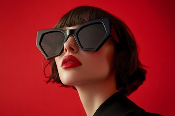Vogue photoshoot of a woman wearing black sunglasses with large hexagonal lenses.