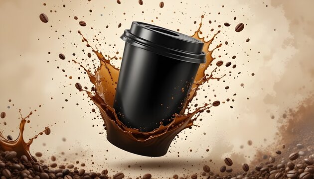 The picture is a digital commercial that prominently displays a black disposable coffee cup with a lid in the middle.  The cup is tilted, it is artfully surrounded by splashes of coffee and coffee bea
