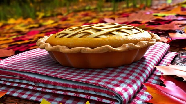 Autumnal pie on gingham fabric with colorful fall foliage backdrop, evoking cozy seasonal sweetness, warm colors and harvest celebration