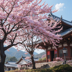 Ancient Japanese temple with cherry blossoms in spring
