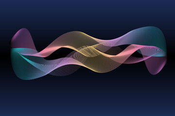 Abstract horizontal background with gradient waves figure lines. Minimalistic back creating dynamic visual effect. Trendy volumetric 3d stripes design on dark background. Features vector backdrop.