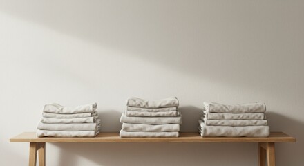 Stacked gray towels on wooden shelf against a light wall  