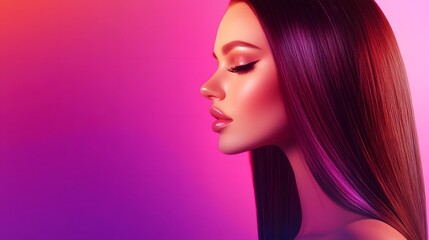 Fototapeta premium Beautiful Woman Profile Neon Pink Purple Hair Makeup Beauty