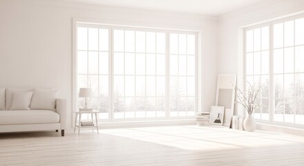 Fototapeta premium A bright and airy minimalist living room showcasing a clean, white aesthetic.