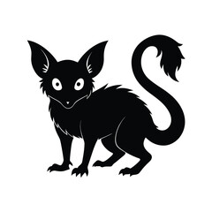 Black cartoon feline creature with large ears and curled tail illustration isolated on white background
