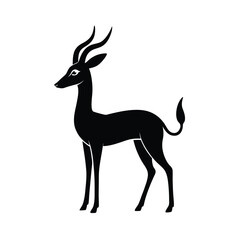 Elegant black silhouette of an impala antelope posing on a plain white background