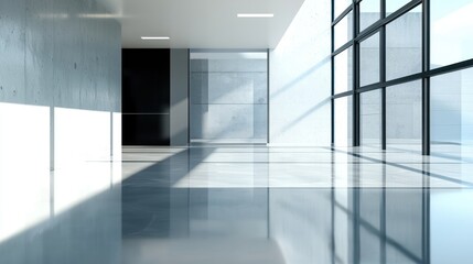 Fototapeta premium A modern, minimalist office space with large glass windows, concrete walls, and a polished concrete floor.