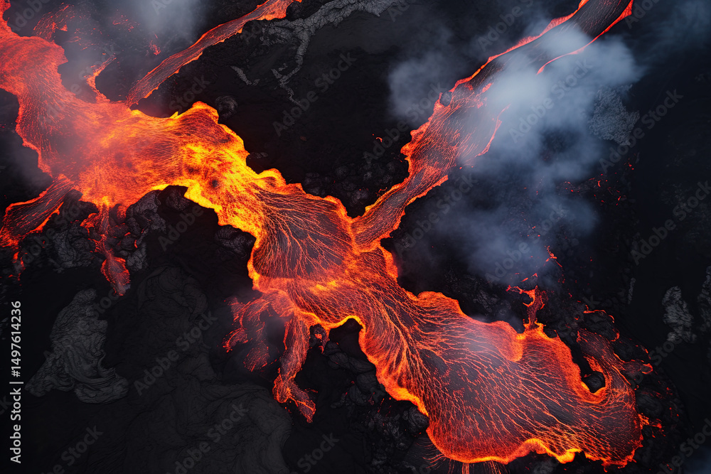 Wall mural volcano eruption from a bird view. volcano crater and magma flow shot from above. genertated ai.